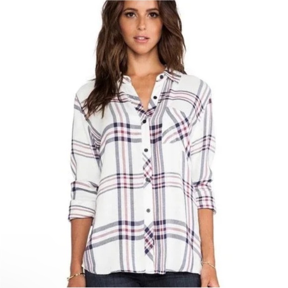 Rails Shirt Plaid Button Front Long Sleeve Blouse Hunter White Sky Pink Small - Picture 1 of 10